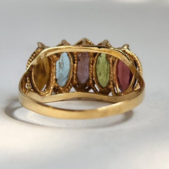 VTG "PJT 14K 585" 14k Yellow Gold Garnet Peridot Topaz & Amethyst Ring Sz 7 - Picture 8 of 10